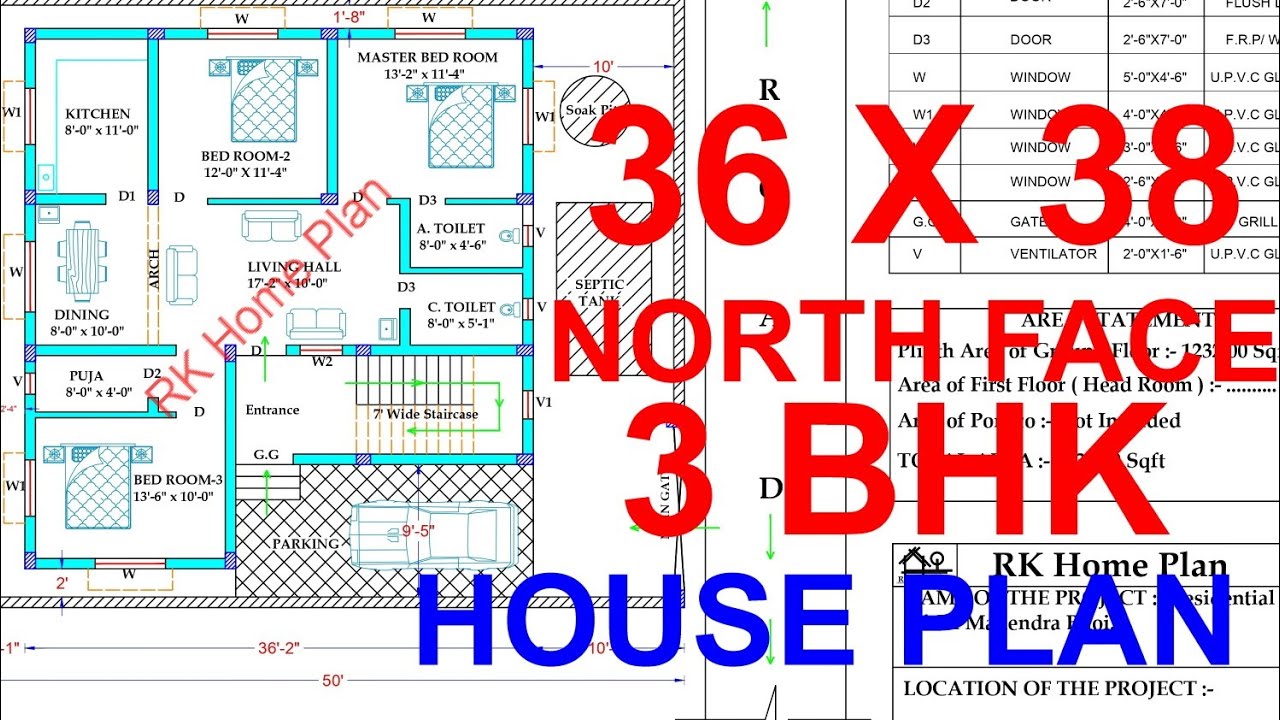 36 x 38 North Facing 3 BHK House Plan as per Vastu in 50 x 44 feet West ...
