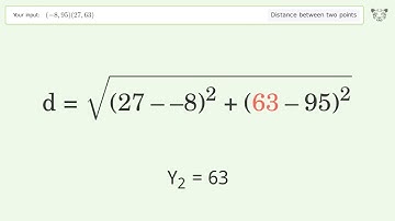 Find the distance between two points p1 (-8,95) and p2 (27,63): Step-by-Step Video Solution