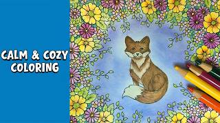 Calm Cozy Coloring Fox in Floral Garden Colored Pencil Art 50 Min Relaxation Stress Relief