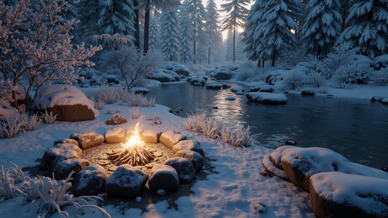 Успокаивающий ASMR камина и атмосфера заснеженного леса