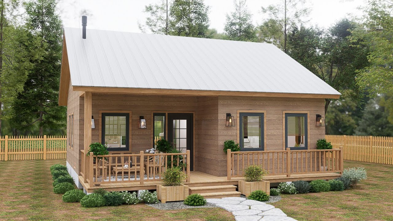 Очаровательный уютный коттедж размером 9×9 м | Теплый дом с 2 спальнями и камином