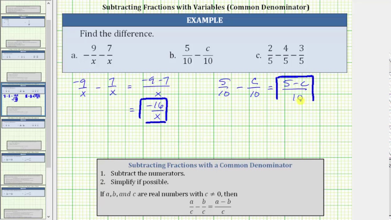 Subtract Fractions With Variables And Common Denominators YouTube Subtract Fractions With Variables And Common Denominators YouTube
