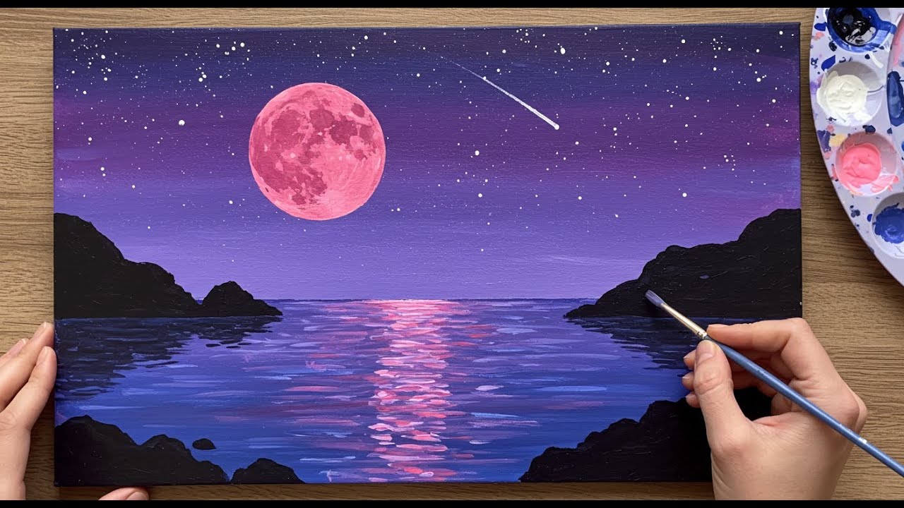 Red Moon Night Sky Acrylic Painting Tutorial | How to Paint a Starry Night with a Meteor
