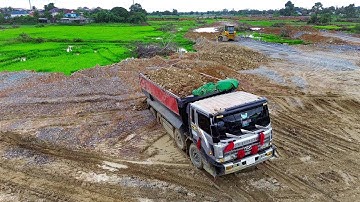 Heavy Landfill Action | Shantui DH17C3 Dozer & Dump Truck Filling Filling Flood Area With Stones