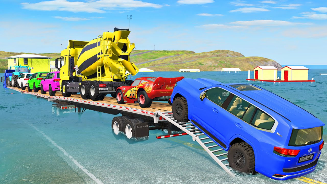 Triple Flatbed Trailer McQueen Transportation with Truck - Speedbumps vs Cars vs Train - BeamNG #