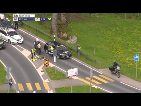 Jesper Hansen gets knocked off his bike by the medical car!