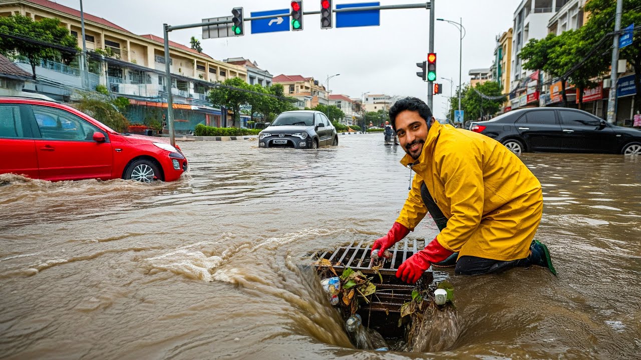 Storm Drain Unclogging Clears an Entire Street Flood! - YouTube