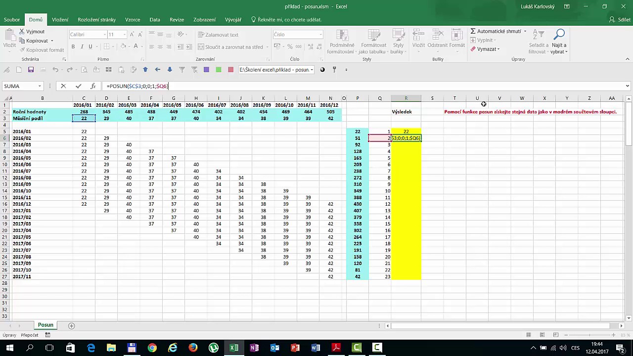 Jak posunout tabulku v Excelu?