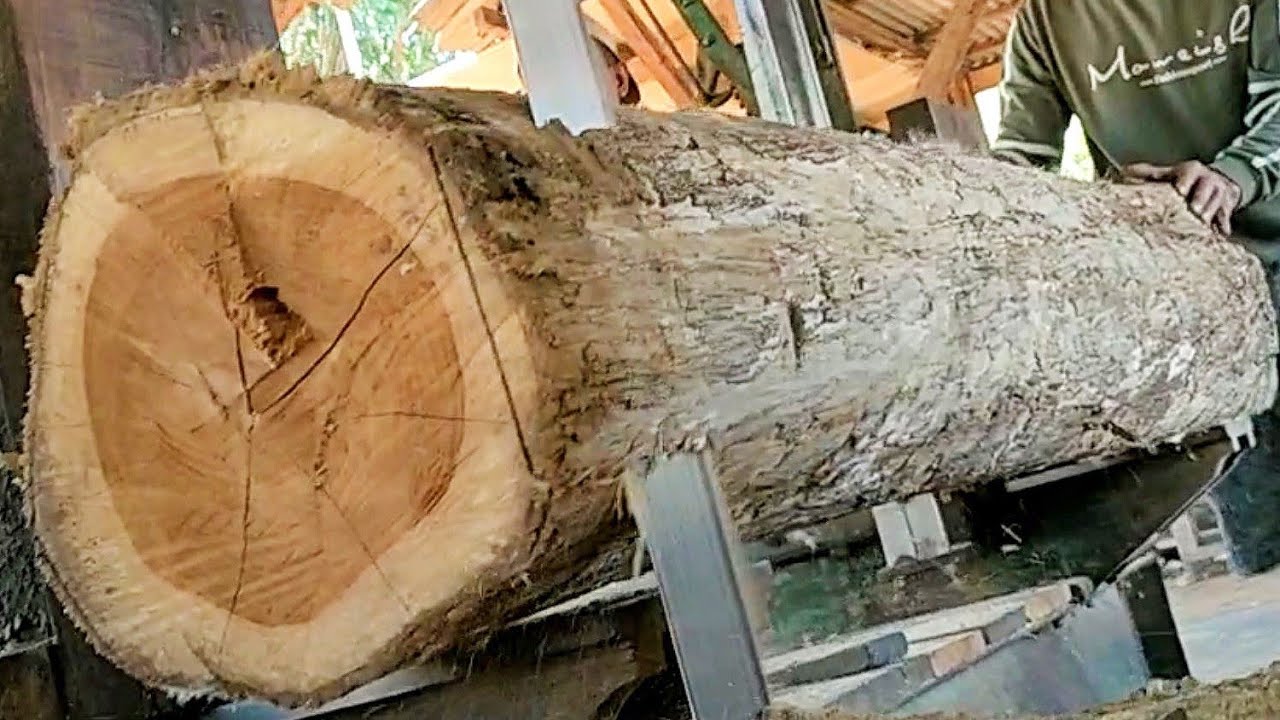 sawing old teak logs into full-grained frame beams at the sawmill - YouTube