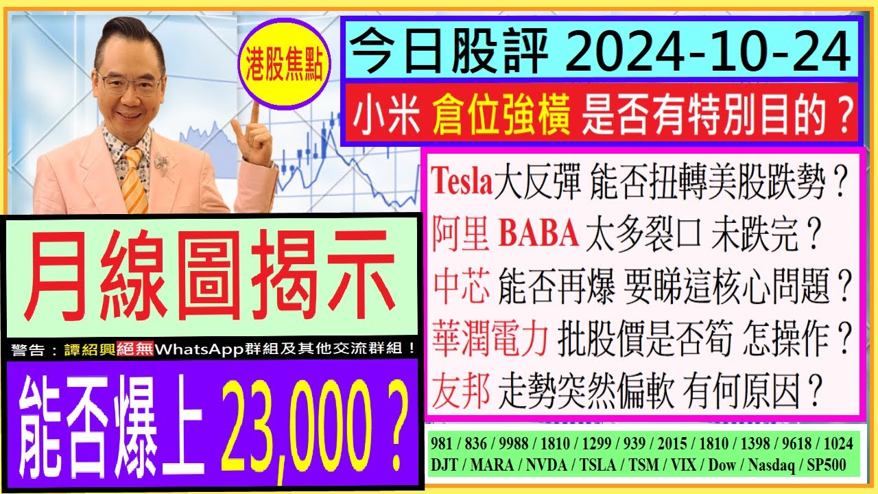 月線圖揭示 港股能否爆上23,000🤔/小米 倉位強有特別目的？🙄/阿里 太多裂口 未跌完？😅/中芯 能否再爆 睇這核心問題👈/華潤電力  批股價是否筍😘/友邦 走勢為何突然偏軟😏/2024-10-24