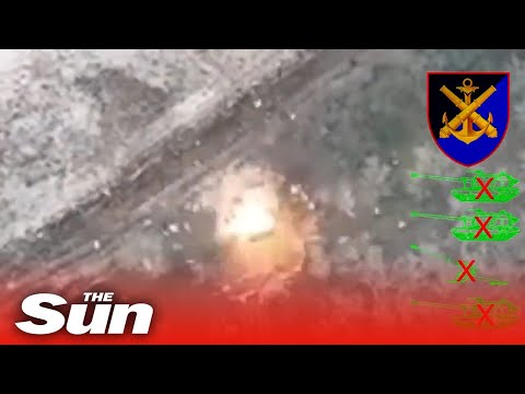 Huge explosions as Ukrainian drones drop bombs onto Russian howitzer tanks