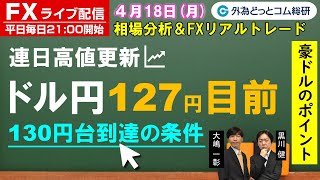 FXライブ/為替予想【実践リアルトレード】　ドル/円連日の高値更新、130円台到達の条件！　ドル/円、豪ドル/円、エントリー・利食い・損切りポイント徹底解説、注目材料（2022年04月18日)