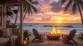 Amazing Summer Beach at Sunset 🌊🔥 Calm Campfire & Ocean Waves Sounds for Deep Relaxation
