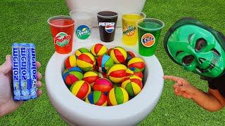 Experiment balls VS Coke, Sprite, Fanta, Mountain Dew, Pepsi and Mentos in the toilet