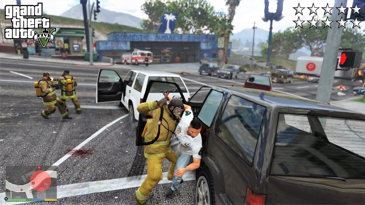 GTA 5 - Firemen Franklin, Michael And Trevor VS The LSPD And Martin Madrazo's Gang