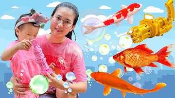 Changcady tặng súng phun bong bóng cho bạn Cam, trò chơi vớt cá vàng trong bể bơi - Part 259