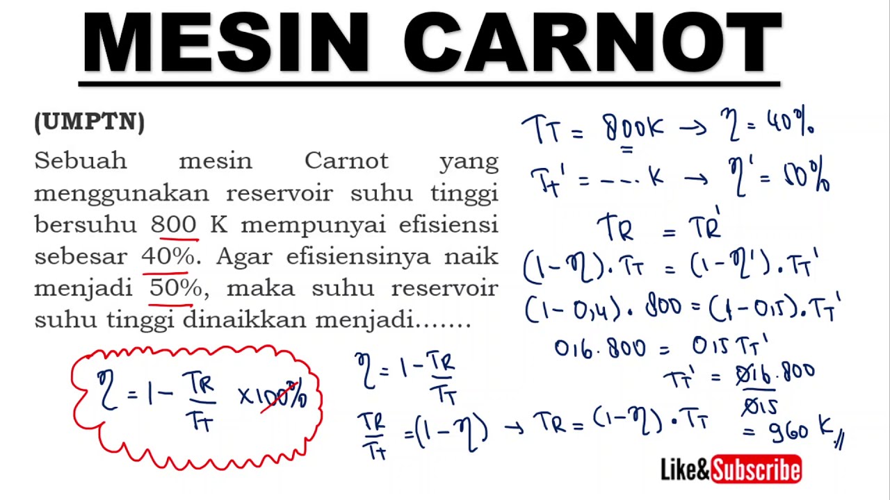 Sebuah mesin carnot bekerja di antara 2 reservoir bersuhu tinggi 527 °c dan suhu rendah 127 °c. jika