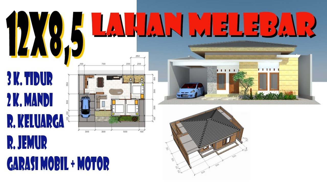 Rumah Minimalis 12x8,5 meter melintang/melebar dengan 3 k. tidur, 2 k. mandi dan ada garasi
