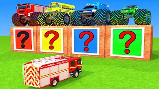 Choose The Right Door With Tires Fire truck, Police Car, Bus ESCAPE ROOM CHALLENGE Car Cage Game