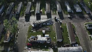 Drone footage of tornado's destructive path at Pavilion Estates mobile home park