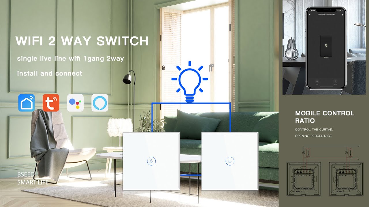 wifi switch 2 way without neutral Line install and connect