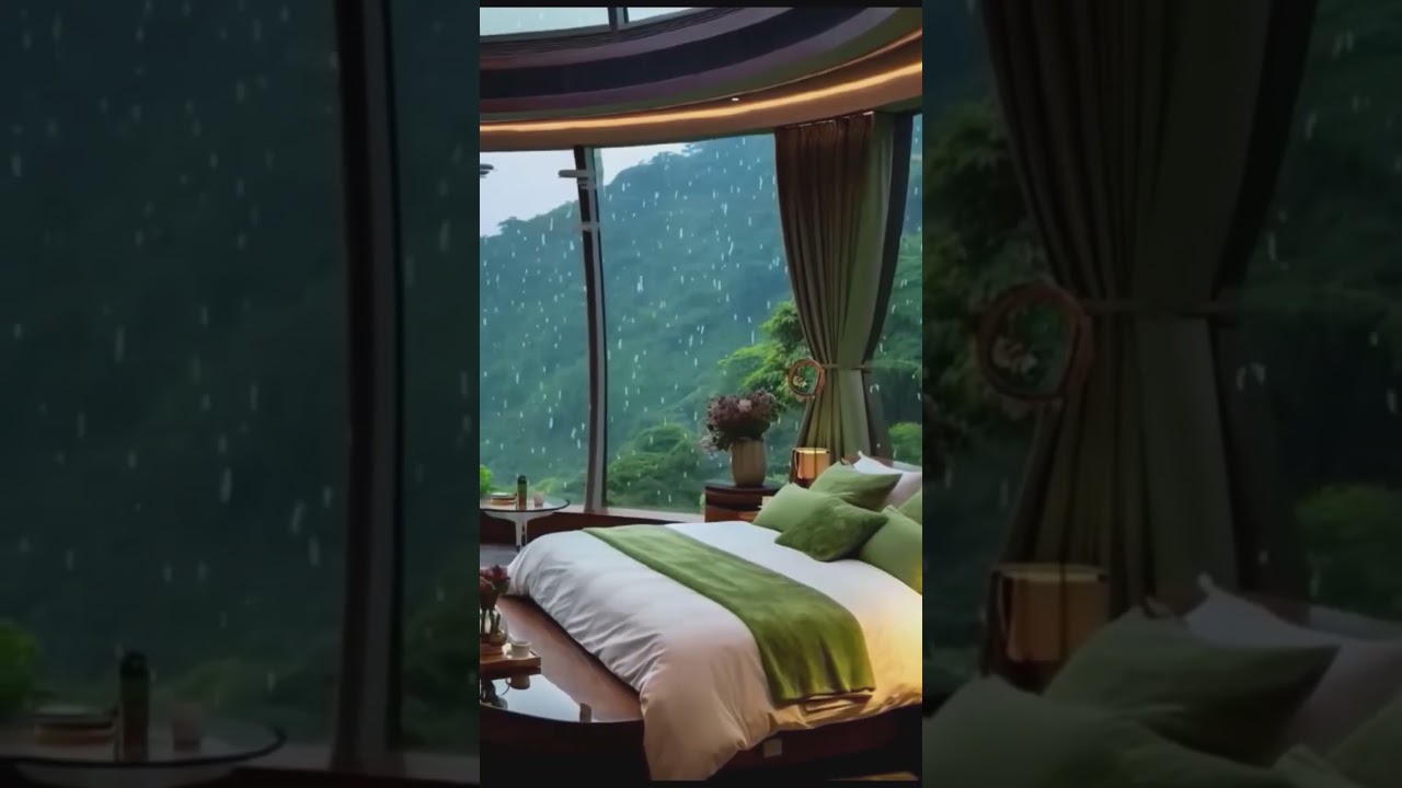 Modern Nature-View Bedroom, Rainy Glass Walls, Cozy Lighting, Minimalist Design/ cozy / 