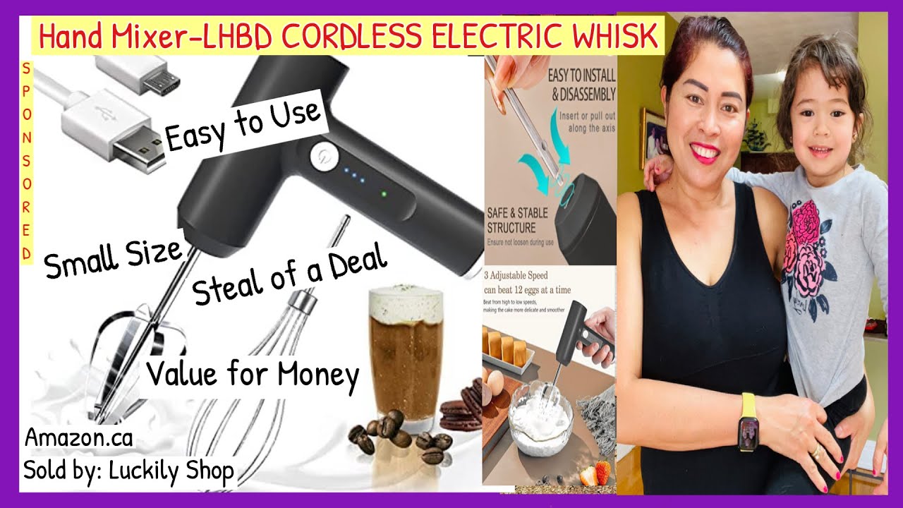 LHBD Cordless Hand Mixer- Electric Whisk USB Rechargeable Handheld Electric Mixer with 3-Speed Self-Control, 304 Stainless Steel Beaters & Balloon