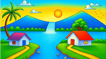 How to draw village scenery Drawing for beginners | Beautiful mountain and waterfall drawing 