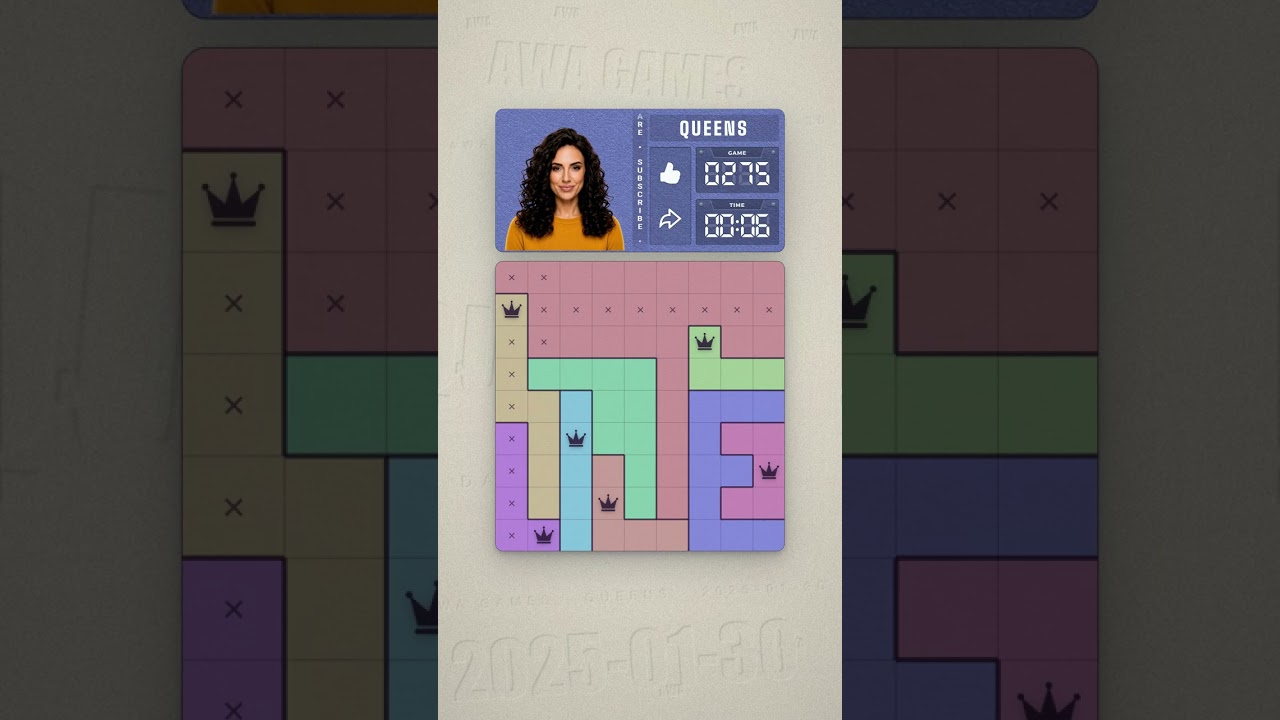 LinkedIn Queens #275 solved board for January 30, 2025, 9x9 grid