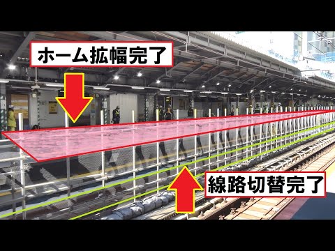 【渋谷駅山手線ホーム拡幅工事】工事2日目は拡幅ホームに床や通信機器・案内設備の設置が進む