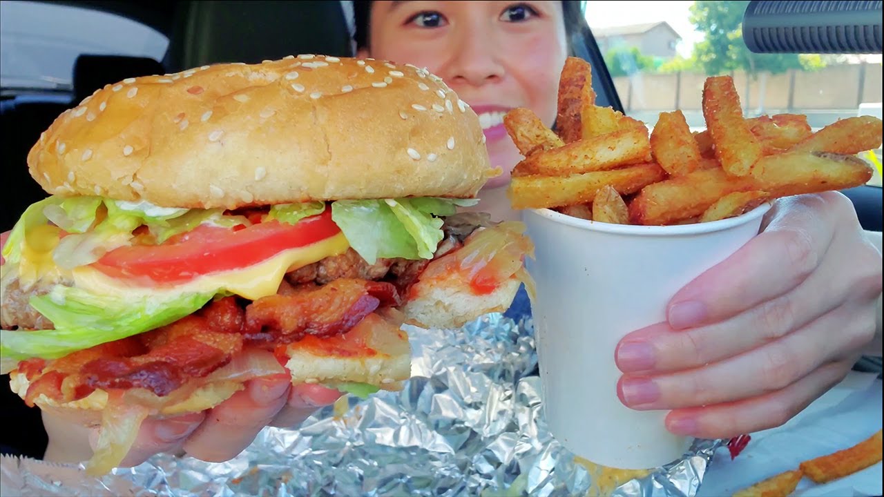 ASMR FIVE GUYS BACON CHEESEBURGER + CAJUN FRIES CAR MUKBANG