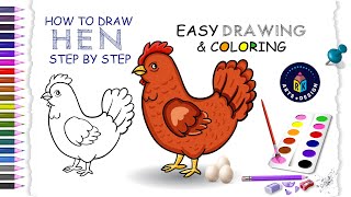 How to draw hen 🐔step by step, easy drawing and 🎨 coloring for kids toddlers