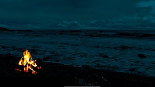 Fire and ocean waves sounds relaxation video for sleeping no music | 4K virtual campfire by the sea