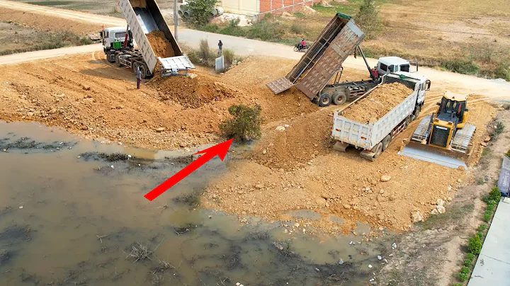 New Action Starting new project Building​​, Dozer Shantui push soil Filling up with truck DONGFENG