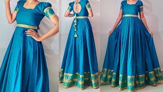 Convert Border Saree into Long Gown with Belt | Long frock/dress cutting & stitching easily