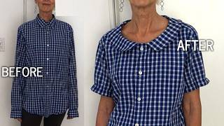 DIY MEN'S SHIRT REFASHION : Upcycle oversized men's shirt to peter pan collar top
