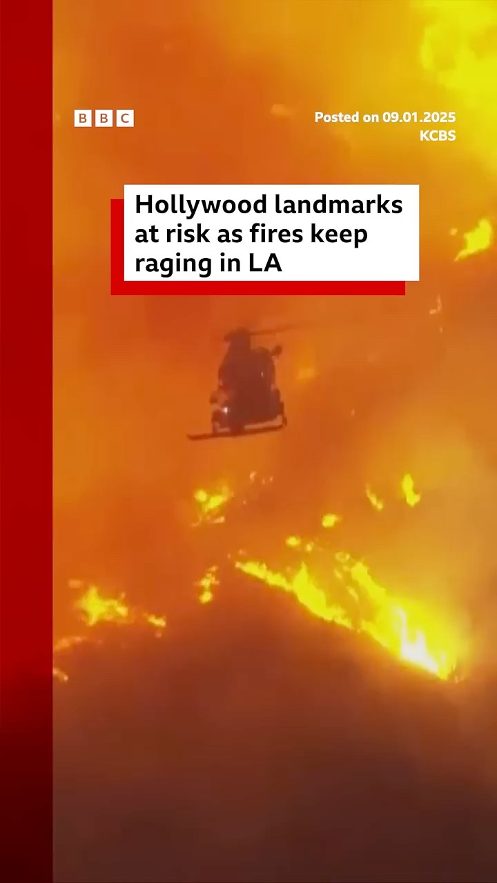 New wildfire sweeps through Hollywood Hills and threatens landmarks. #Hollywood #LA #BBCNews