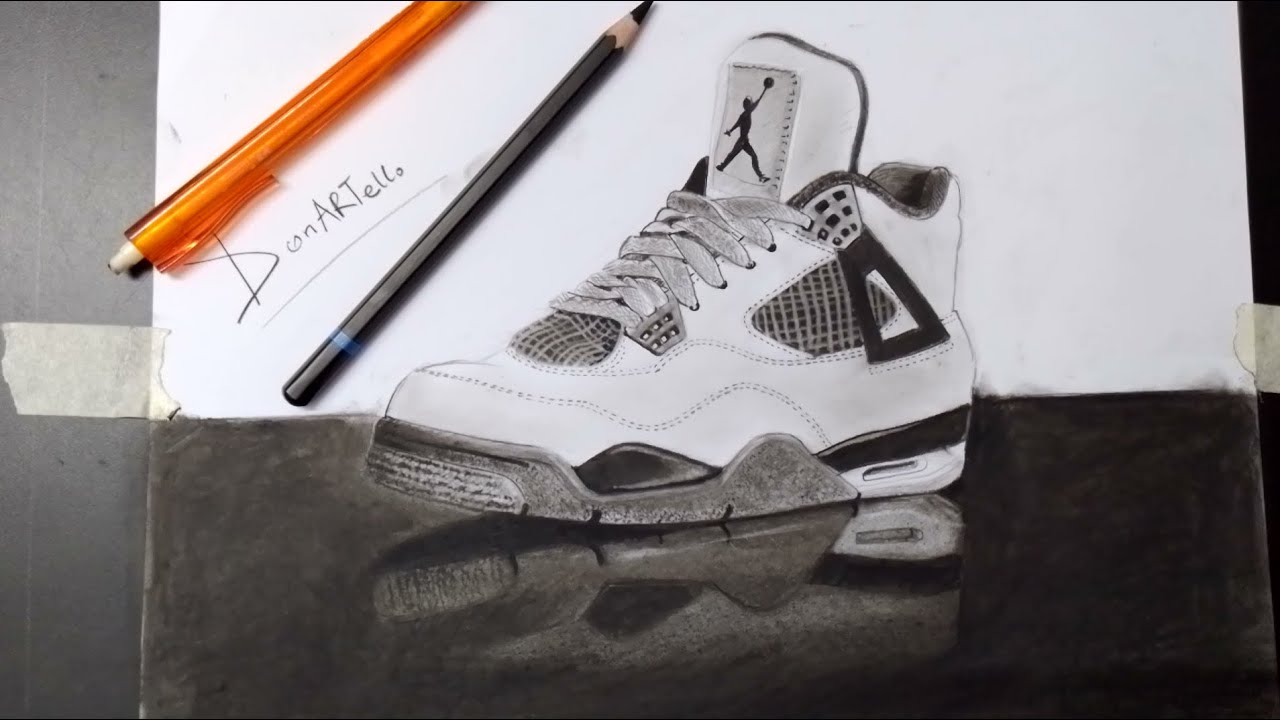 How to draw a shoe with only pencils/ Jordan 4 (J4) level 2 beginners ...