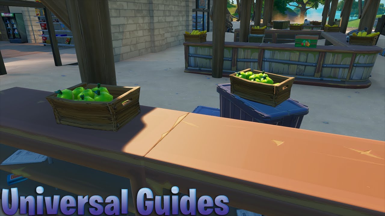 Destroy apple and tomato boxes at The Orchard Farmers Market - Fortnite Week 8 Challenges Guide
