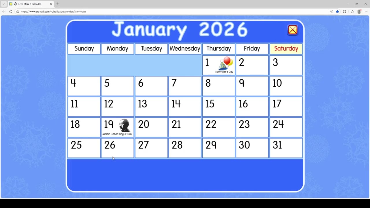 Starfall Daily Calendar - January 31, 2026 (Last Day of January)
