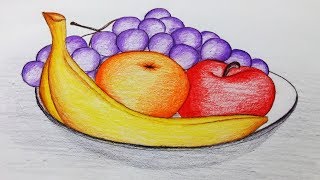 plate drawing draw fruits step easy drawings arts creative paintingvalley