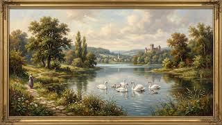 Swan Family & Castle Lake Oil Painting in Gold Frame — 4K 8 Hour Screensaver for TV screenshot 2