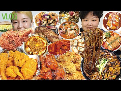 먹방 브이로그 | 분식 <strong>치킨</strong> 중식 무한 흡입😋 후참잘 핫토스치킨 양념치킨 짜장면 탕수육 떡볶이 오므라이스 돈까스 순두부찌개 <strong>김밥</strong> 돼지갈비 짬뽕 에그샌드위치 Mukbang VLOG