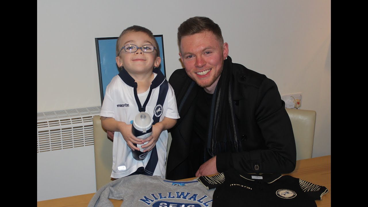 Millwall striker Aiden O'Brien visits birthday boy Harvey Brown