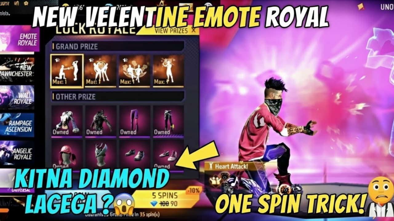 NEW VELENTINE EMOTE ROYAL  ( FREE FIRE NEW EVENT TODAY ) EMOTE ROYAL  ONE SPIN TRICK 😳😱