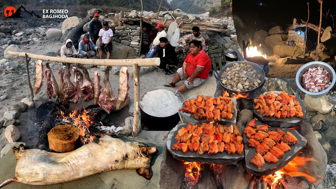 Full Pig Cooking & Eating with Villager 2Days Camping in River Side Making Roast in Stone Over Fire