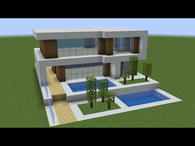 Dramatic minecraft house with pool and abstract trees
