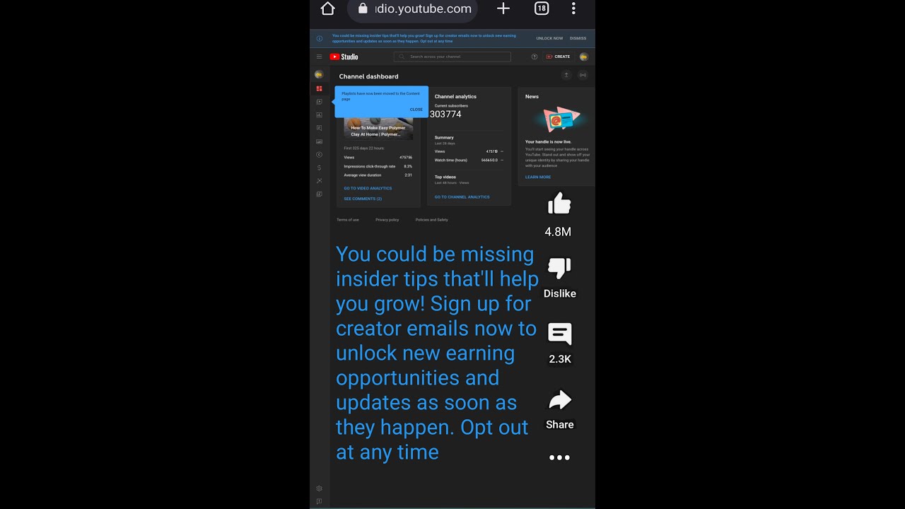 YouTube Studio Notification | Sign up now for creator emails |