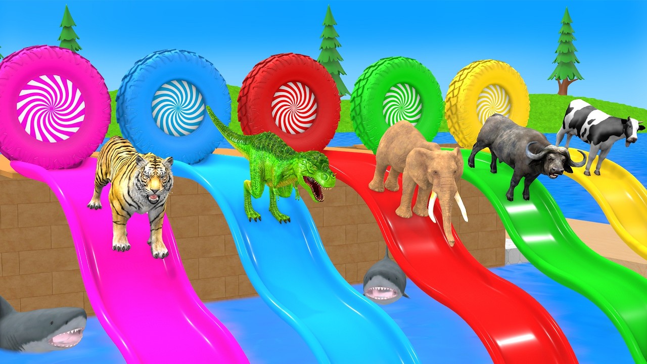 Long Slide Game with Cow Elephant Gorilla Hippopotamus Tiger 3d Animal Game Funny 3d Animals