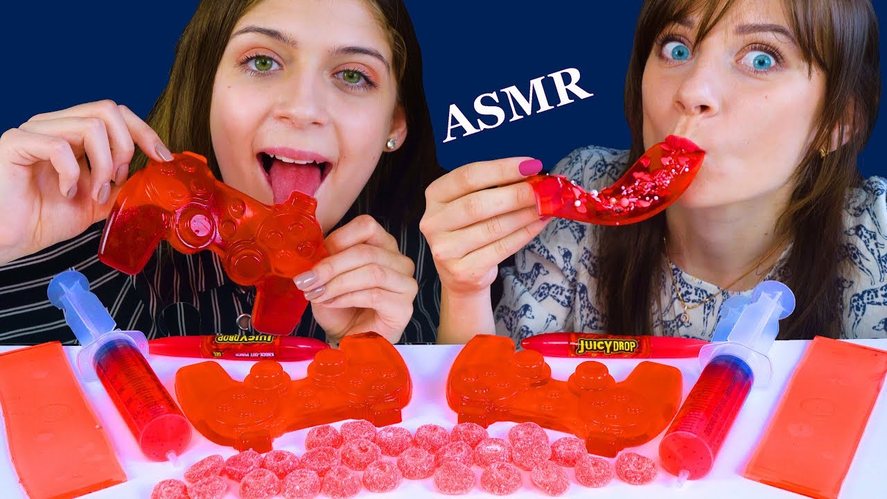 ASMR RED FOOD SHEET JELLY, JELLO SHOOTER, GAME CONTROLLER JELLY, JUICY